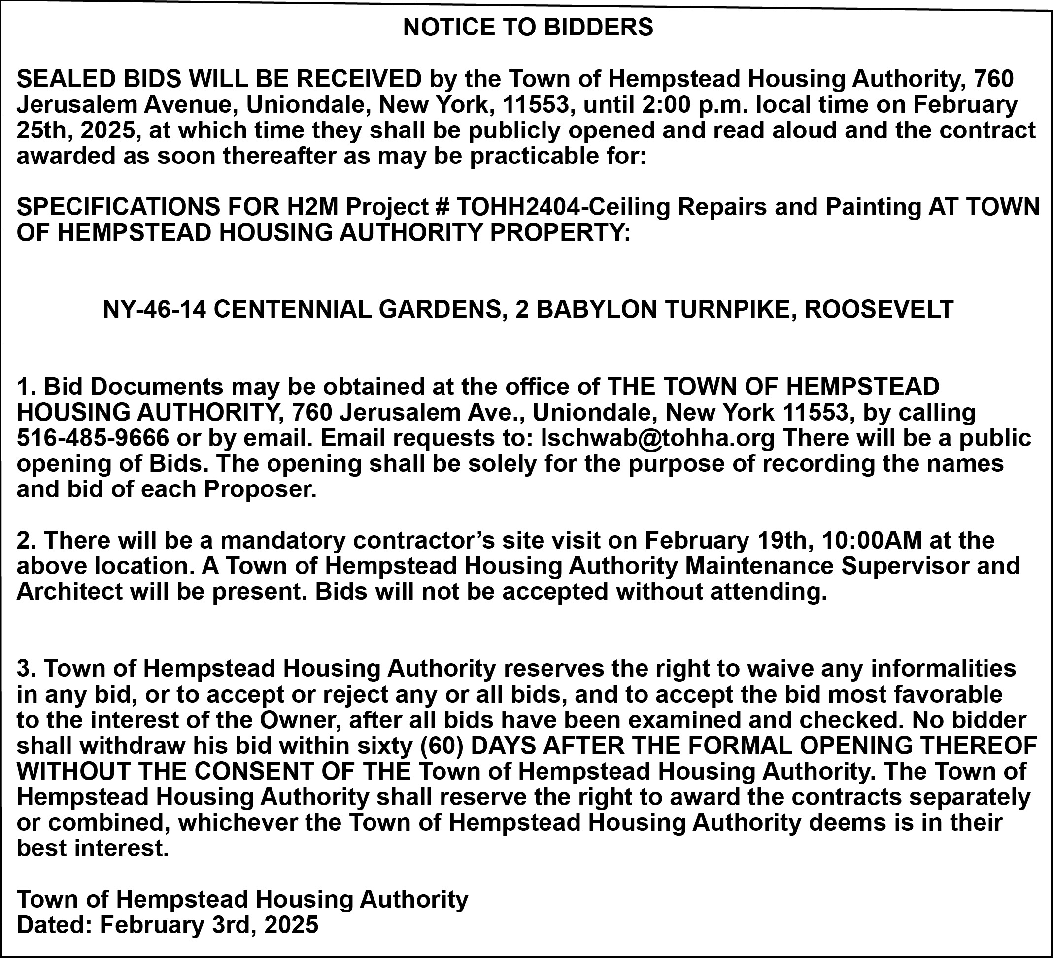 NOTICE TO BIDDERS -- Ceiling Repairs and Painting