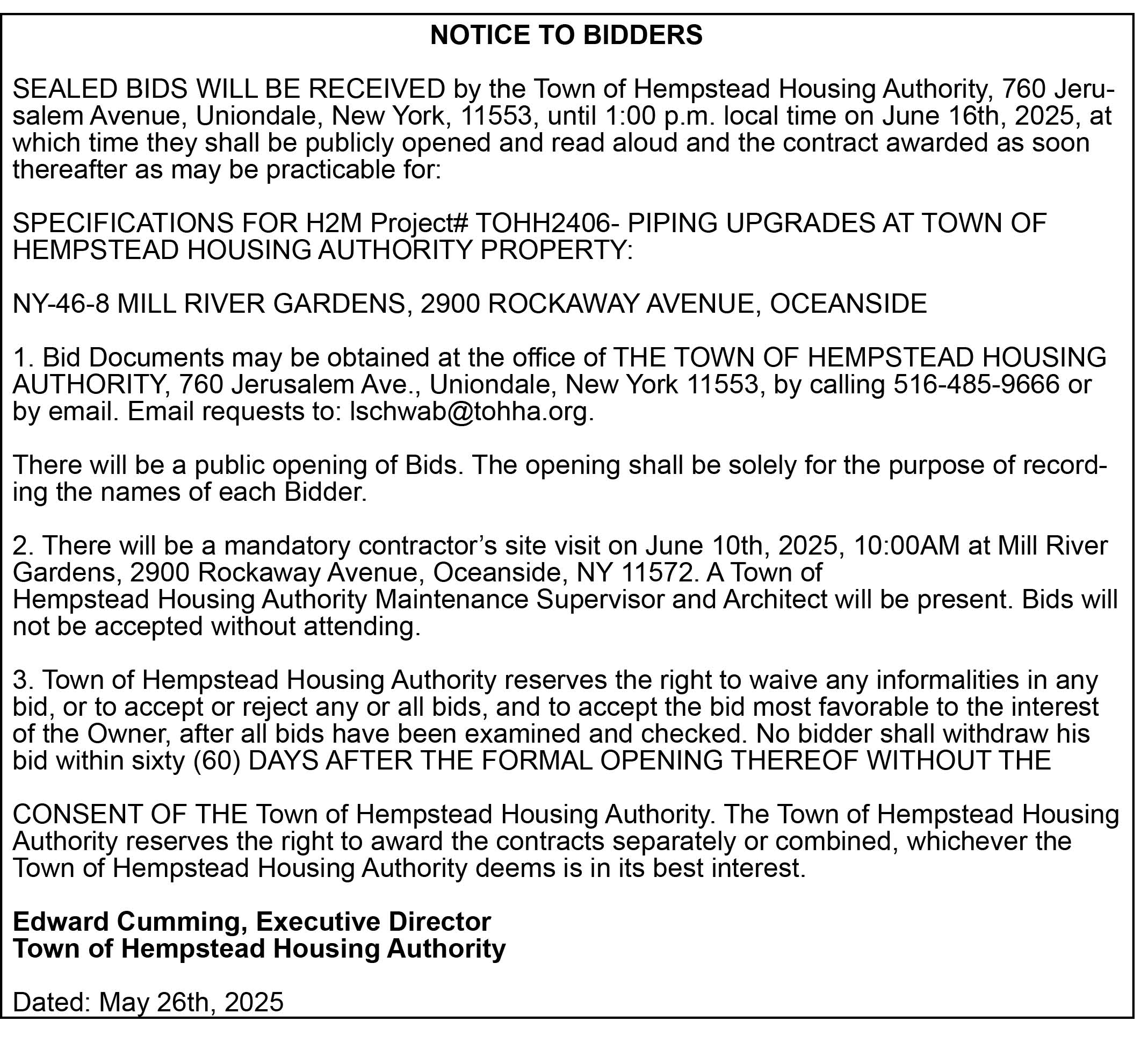 NOTICE TO BIDDERS -- Piping Upgrades